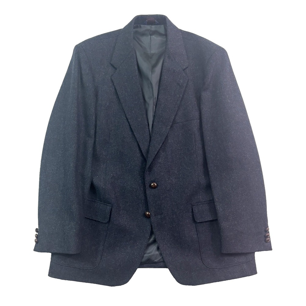 VTG 90s Farah 46L Navy Blue Herringbone Tweed Blazer Jacket Sport Suit Coat Wool